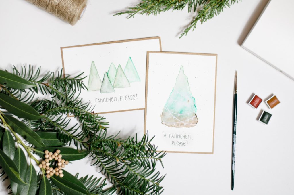 Ä Tännschen, please! Weihnachtskarte mit Aquarell-Tannenbaum und Lettering